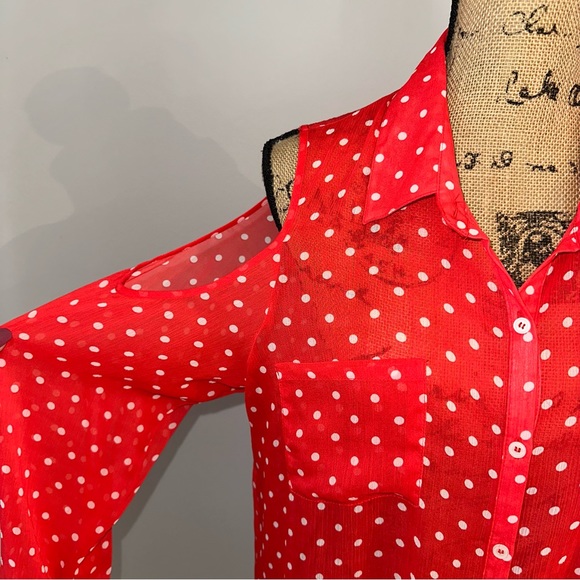 Bongo Red Orange Polka Dot Sheer Cold Shoulder Long Sleeve Button-Up Blouse Top - Picture 2 of 7